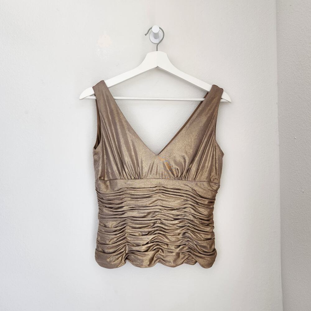 Vintage Y2K Adrianna Papell Gold Ruched V Neck Evening Tank Top S - Picture 2 of 7